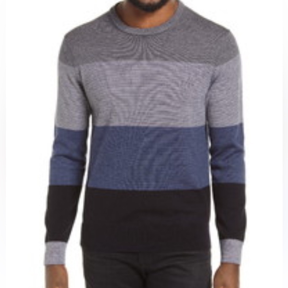 🌟CLUB MONACO🌟 MENS STRIPED 100% WOOL CREW NECK SWEATER BLUE BLACK SZ M OR S